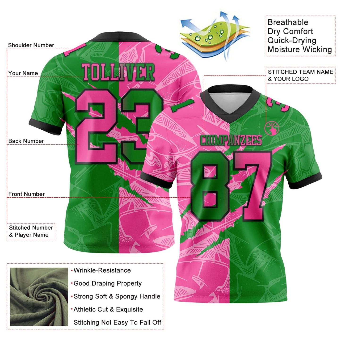 Custom Grass Green Pink-Black Mesh Authentic Gradient Fashion Scratch Football Jersey