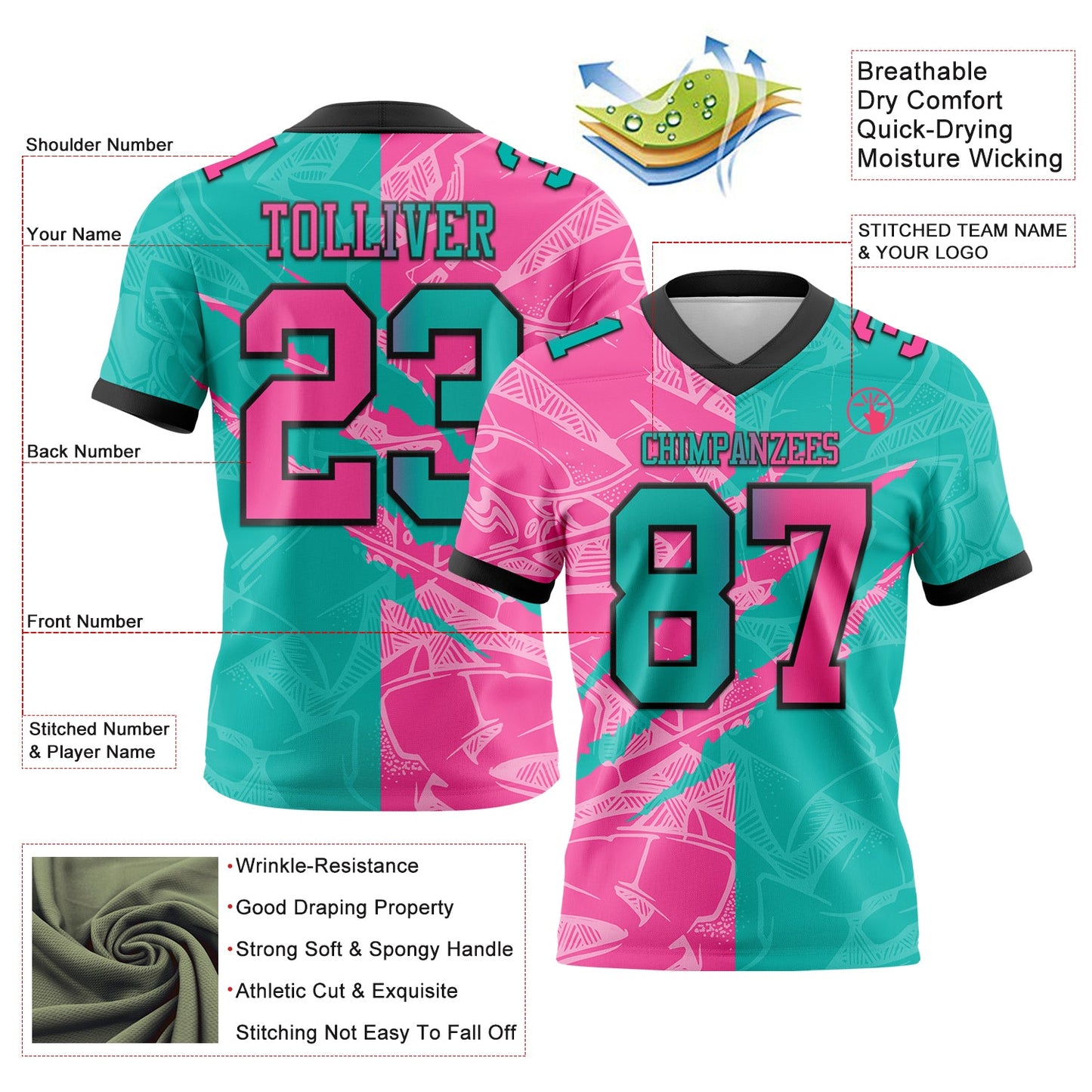 Custom Aqua Pink-Black Mesh Authentic Gradient Fashion Scratch Football Jersey