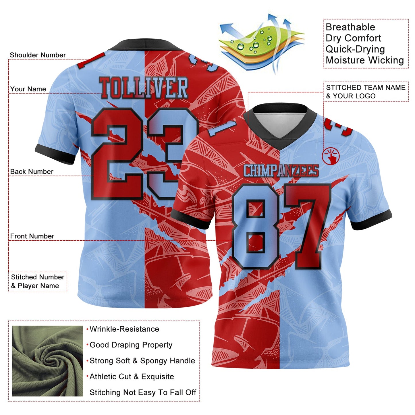 Custom Light Blue Red-Black Mesh Authentic Gradient Fashion Scratch Football Jersey