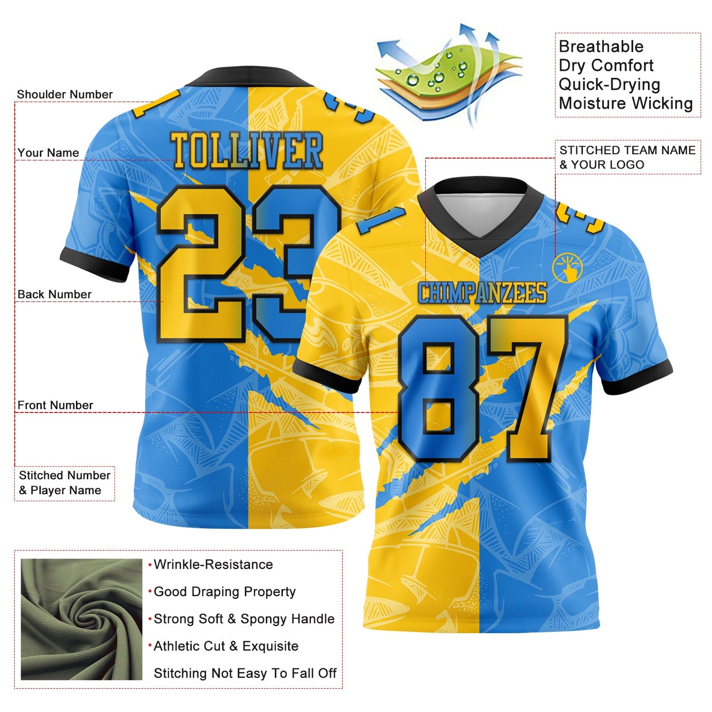 Custom Powder Blue Yellow-Black Mesh Authentic Gradient Fashion Scratch Football Jersey