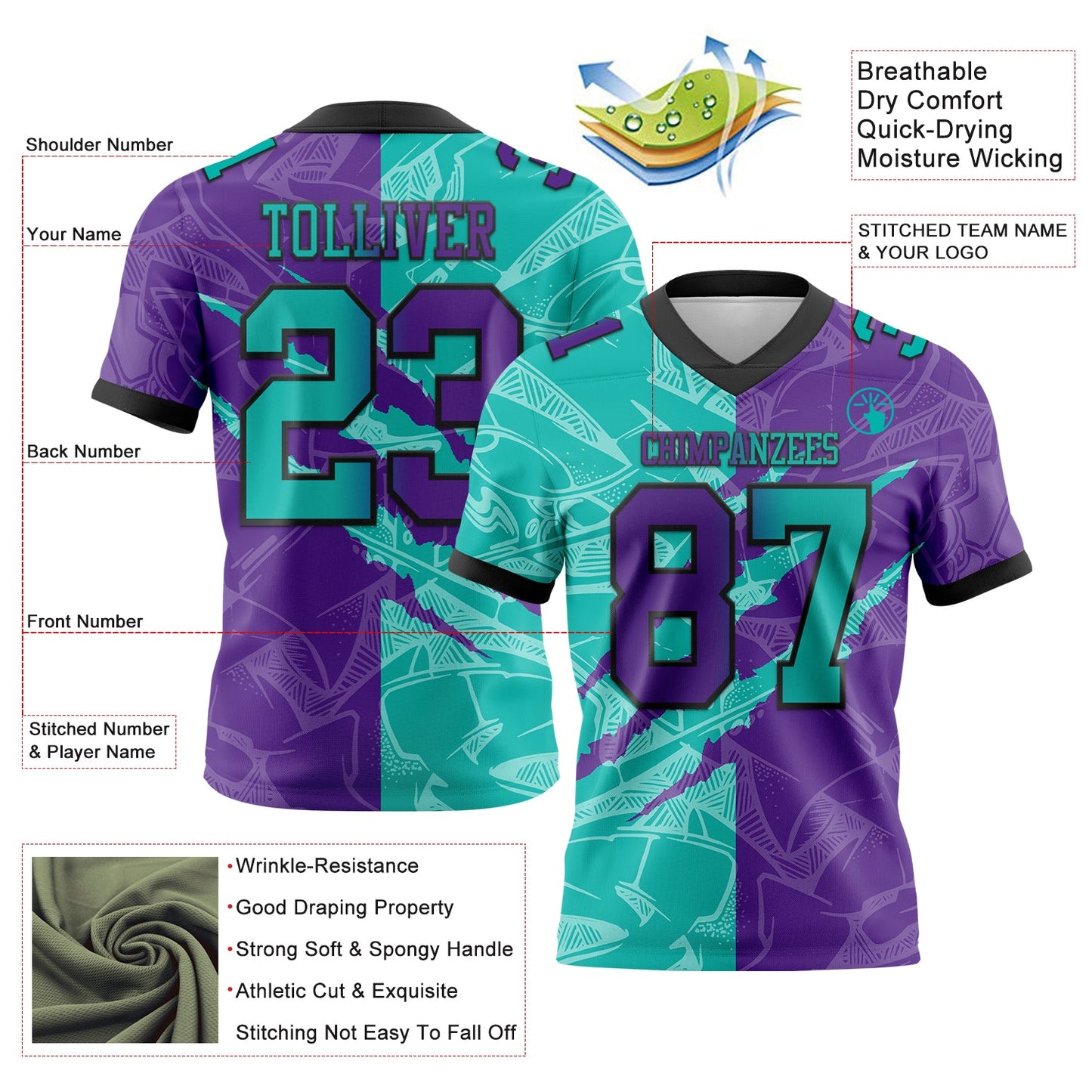 Custom Purple Aqua-Black Mesh Authentic Gradient Fashion Scratch Football Jersey