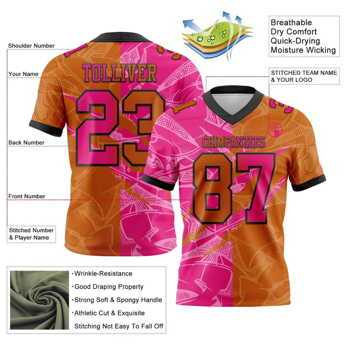 Custom Texas Orange Hot Pink-Black Mesh Authentic Gradient Fashion Scratch Football Jersey