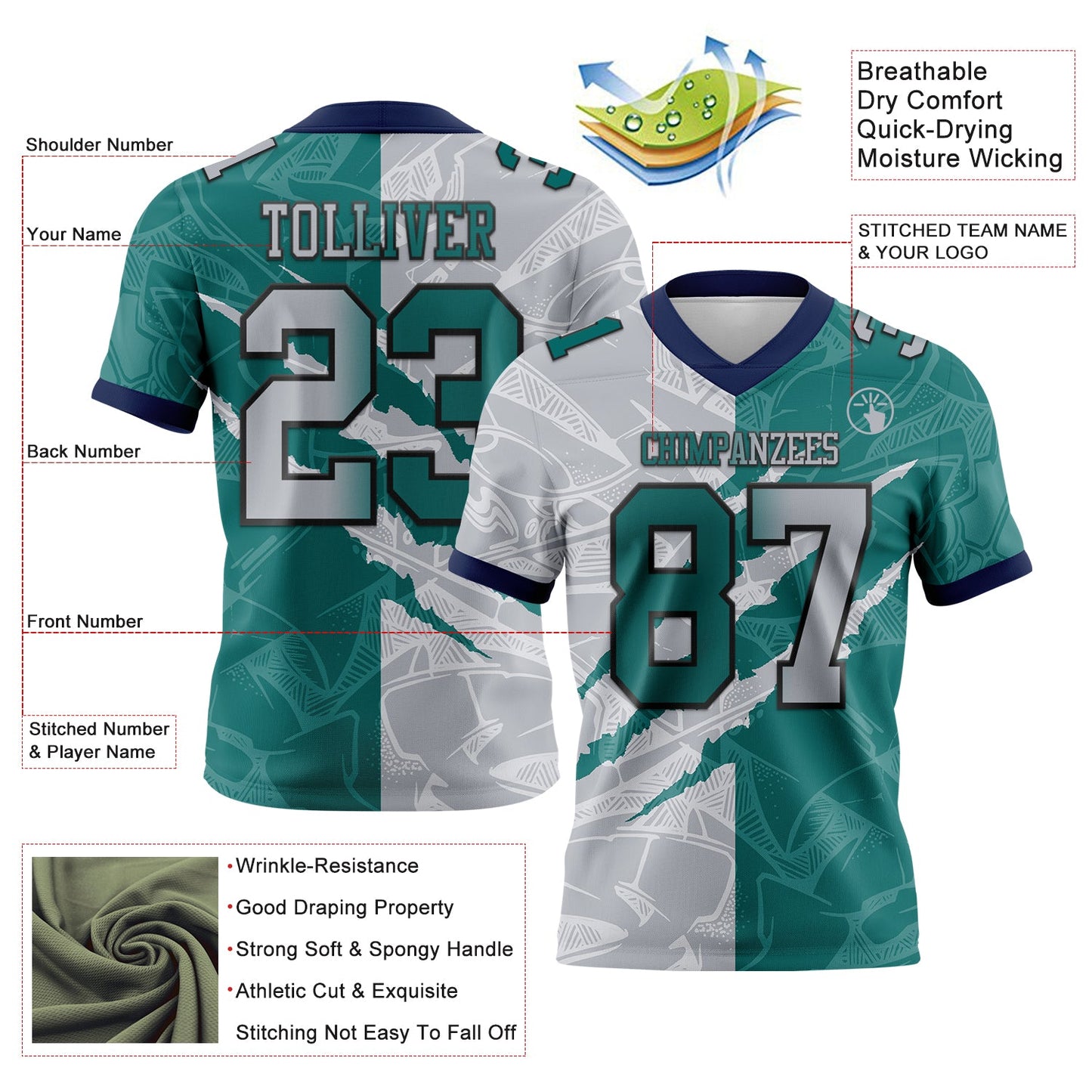 Custom Teal Gray-Navy Mesh Authentic Gradient Fashion Scratch Football Jersey