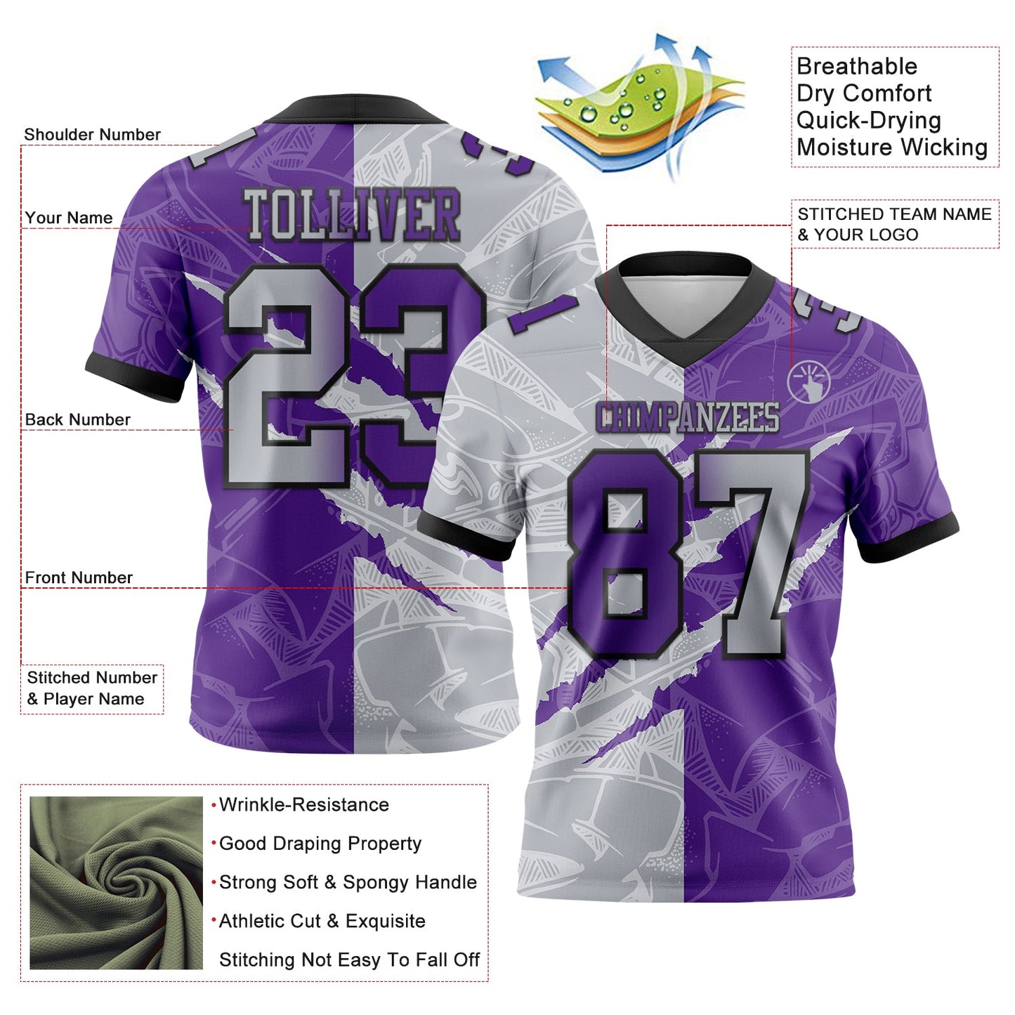 Custom Purple Gray-Black Mesh Authentic Gradient Fashion Scratch Football Jersey