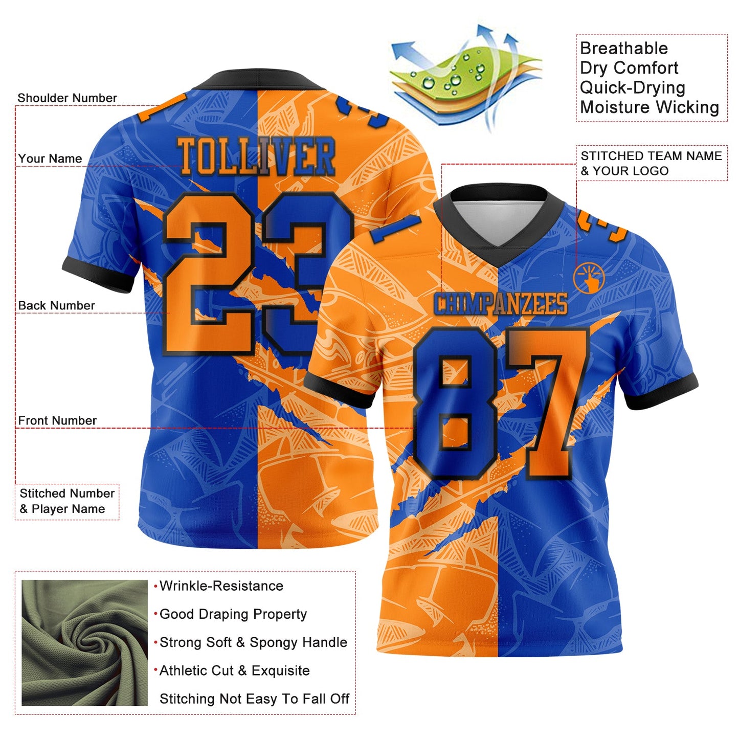 Custom Thunder Blue Bay Orange-Black Mesh Authentic Gradient Fashion Scratch Football Jersey