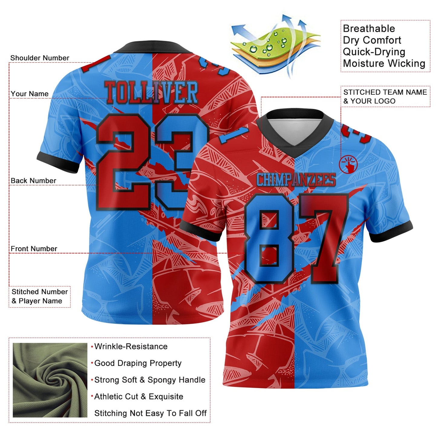 Custom Powder Blue Red-Navy Mesh Authentic Gradient Fashion Scratch Football Jersey