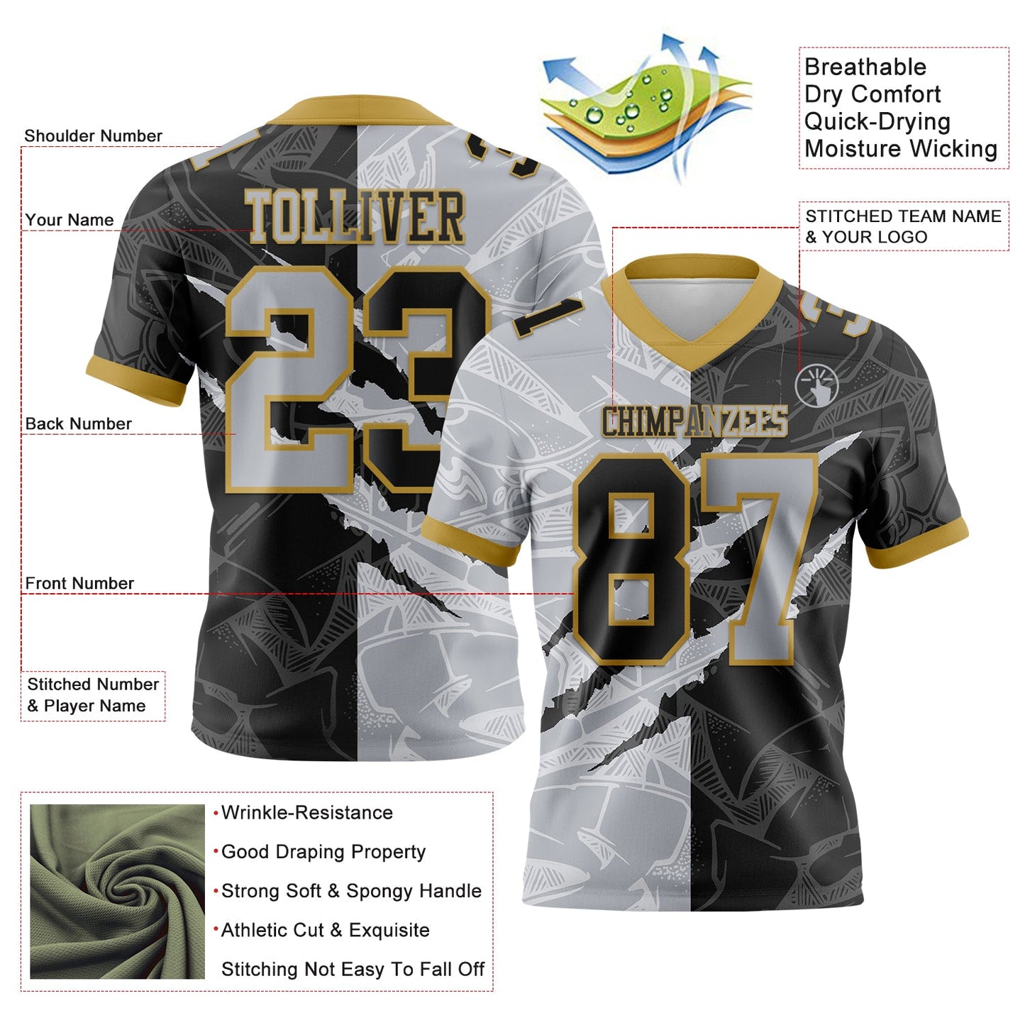 Custom Black Gray-Old Gold Mesh Authentic Gradient Fashion Scratch Football Jersey