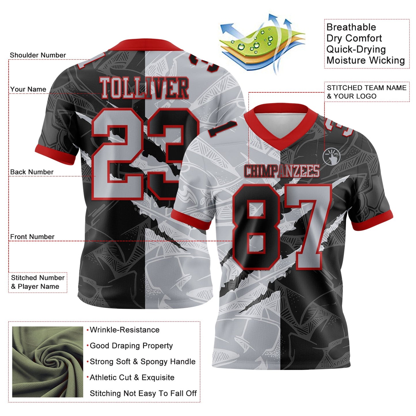 Custom Black Gray-Red Mesh Authentic Gradient Fashion Scratch Football Jersey