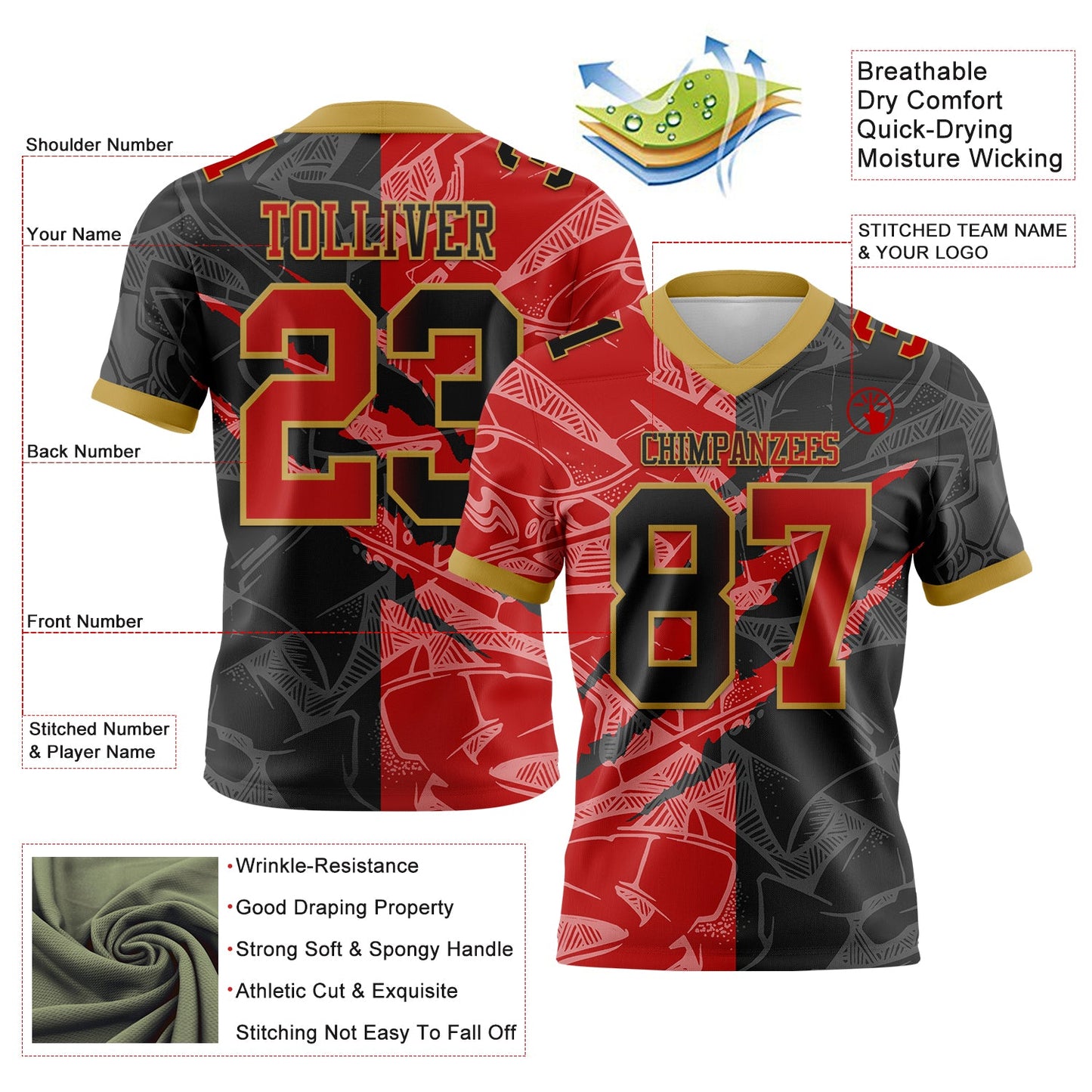Custom Black Red-Old Gold Mesh Authentic Gradient Fashion Scratch Football Jersey