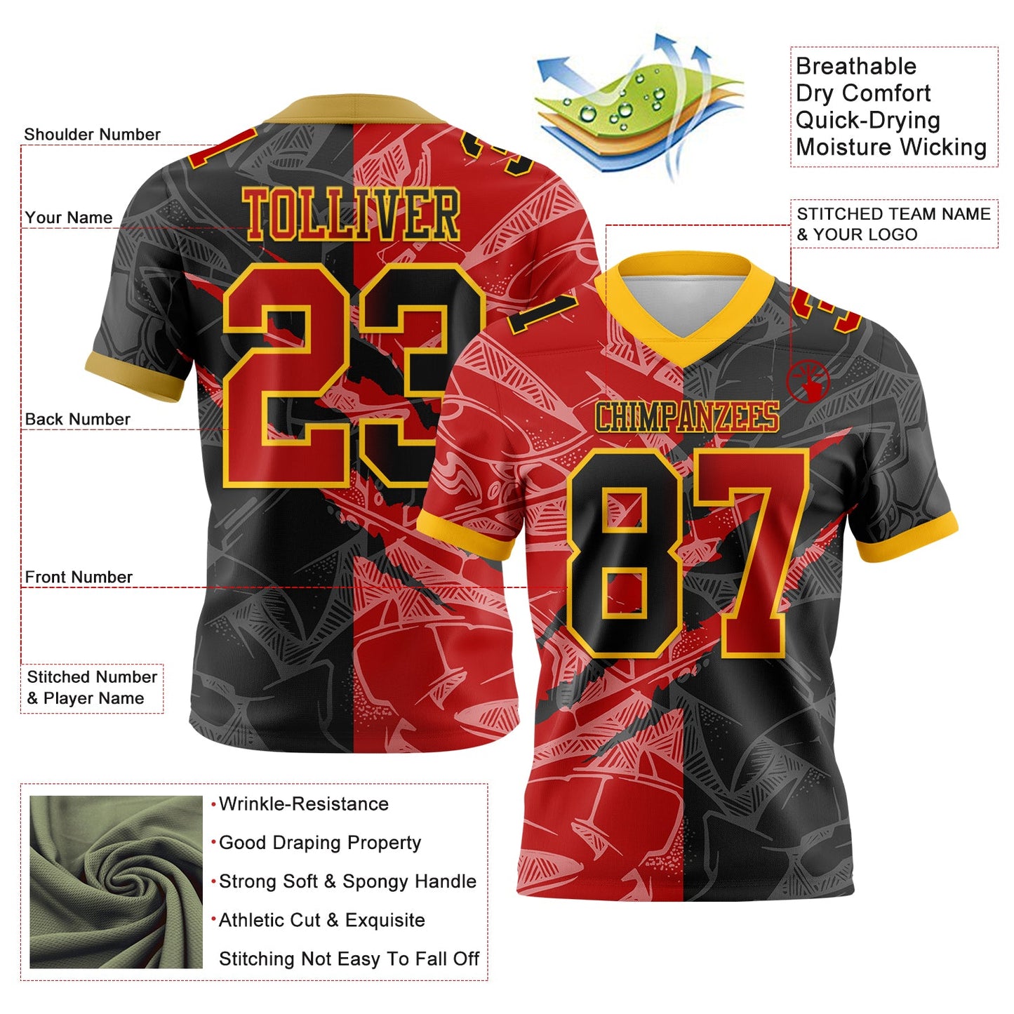 Custom Black Red-Gold Mesh Authentic Gradient Fashion Scratch Football Jersey