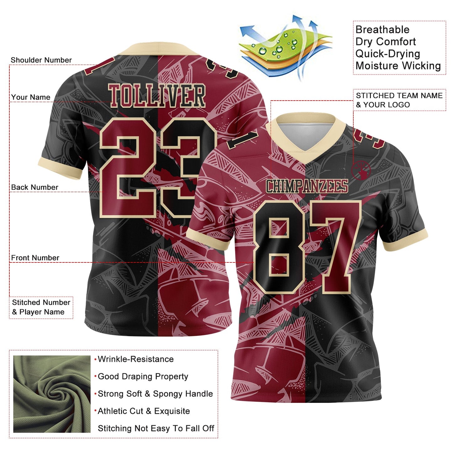 Custom Black Crimson-Cream Mesh Authentic Gradient Fashion Scratch Football Jersey