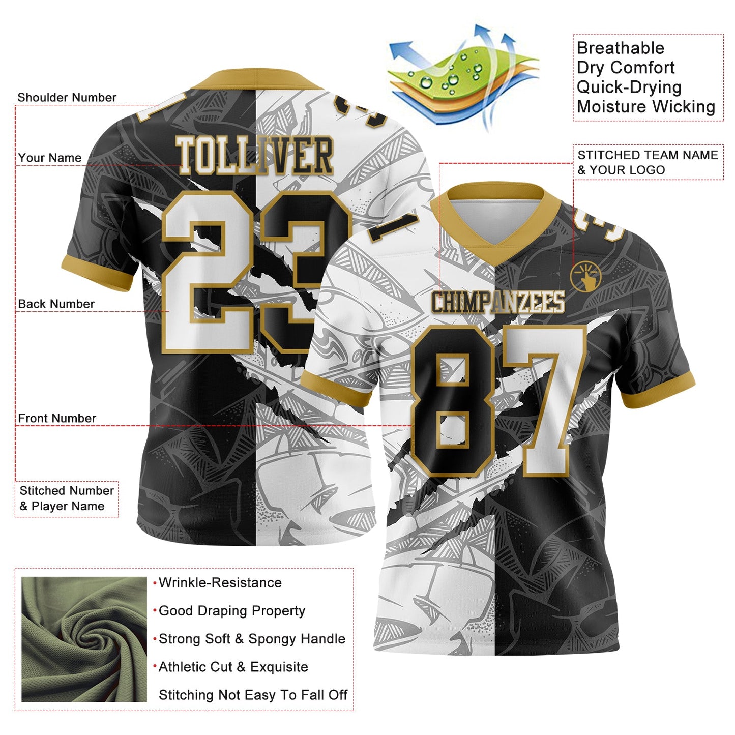 Custom Black White-Old Gold Mesh Authentic Gradient Fashion Scratch Football Jersey