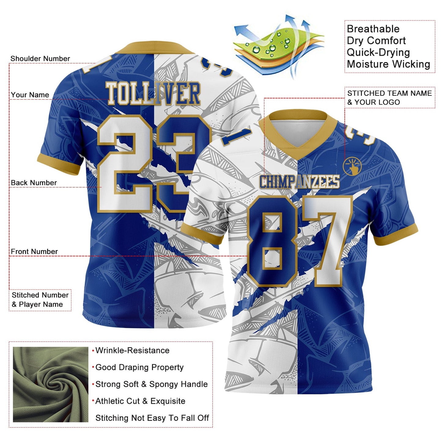 Custom Royal White-Old Gold Mesh Authentic Gradient Fashion Scratch Football Jersey