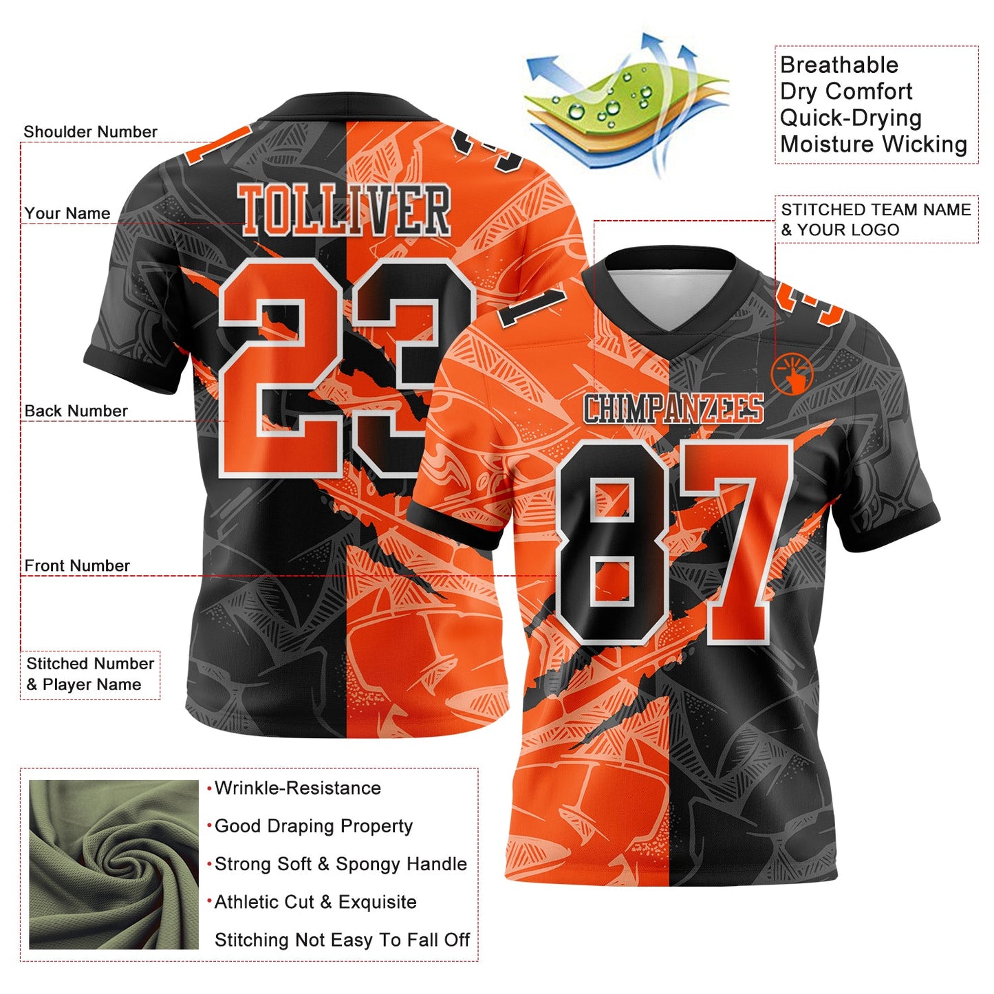 Custom Black Orange-White Mesh Authentic Gradient Fashion Scratch Football Jersey