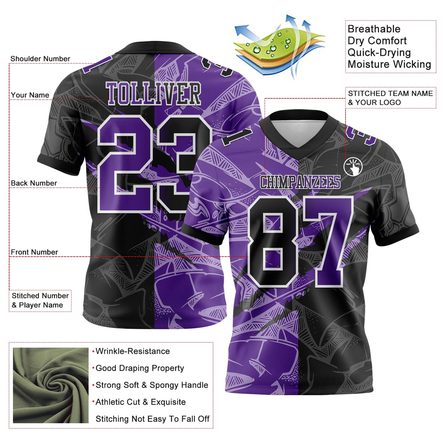 Custom Black Purple-White Mesh Authentic Gradient Fashion Scratch Football Jersey