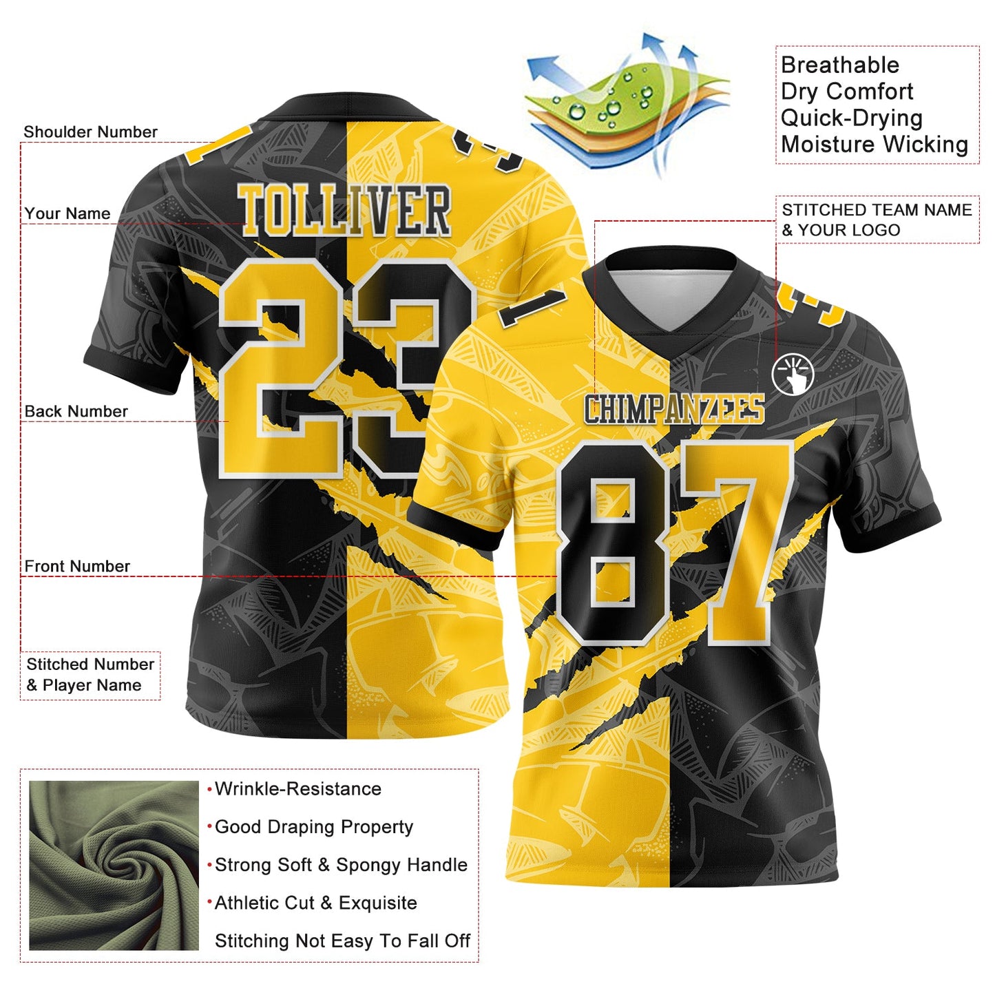 Custom Black Yellow-White Mesh Authentic Gradient Fashion Scratch Football Jersey