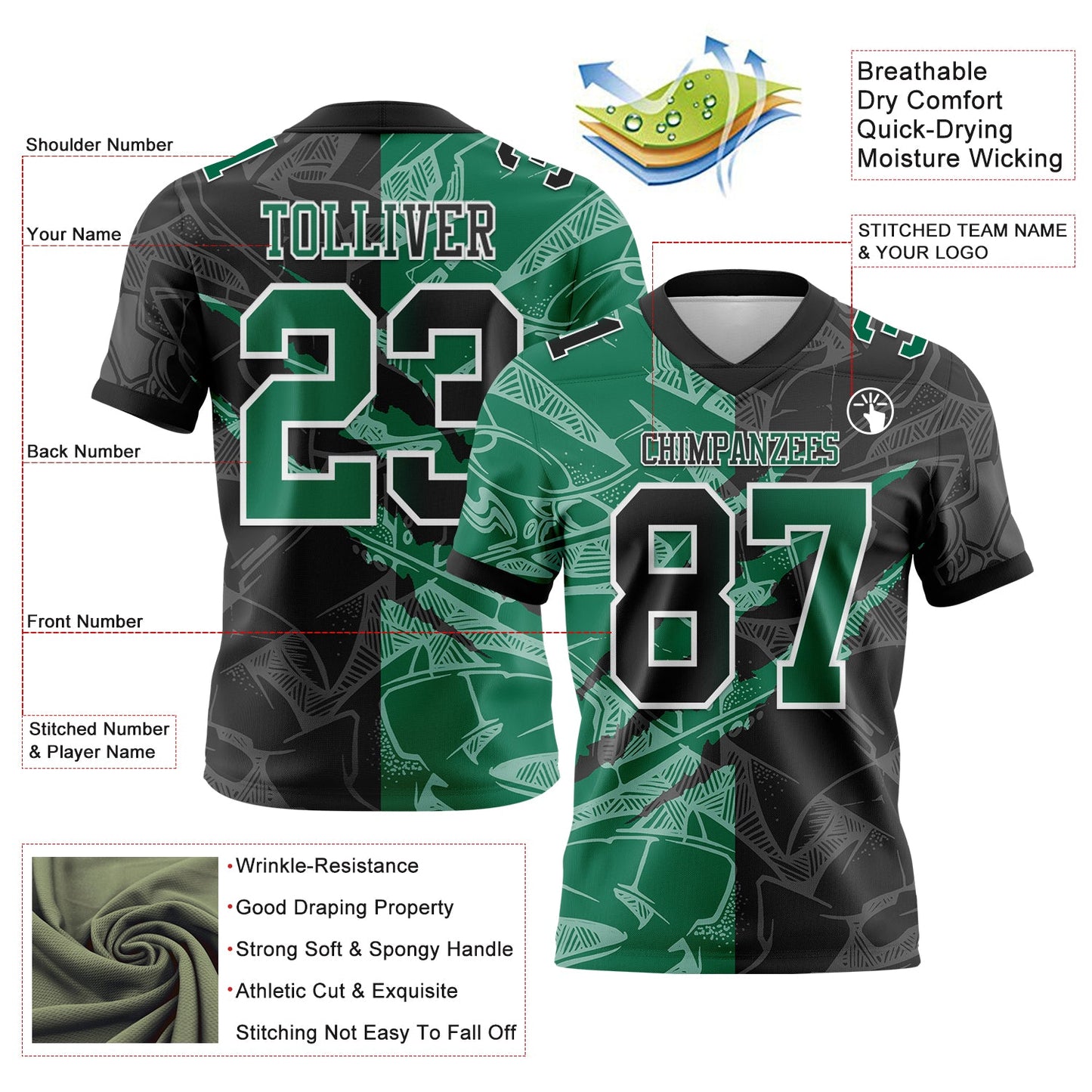 Custom Black Kelly Green-White Mesh Authentic Gradient Fashion Scratch Football Jersey