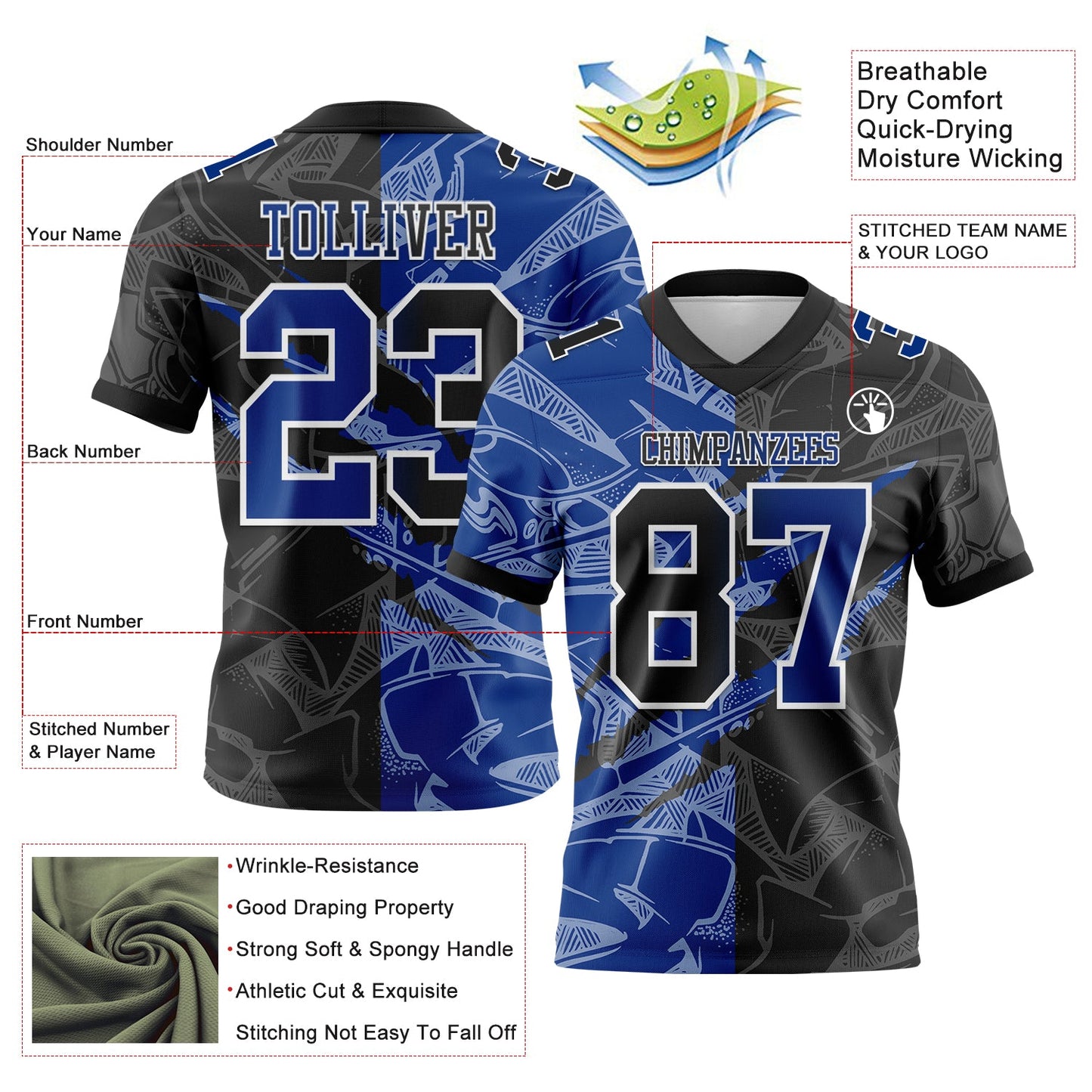 Custom Black Royal-White Mesh Authentic Gradient Fashion Scratch Football Jersey