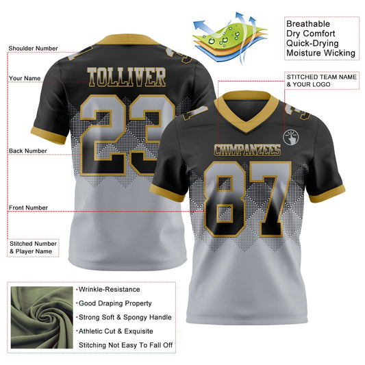 Custom Black Gray-Old Gold Mesh Authentic Gradient Square Shape Flag Football Jersey