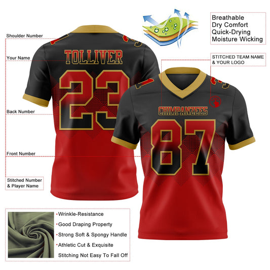 Custom Black Red-Old Gold Mesh Authentic Gradient Square Shape Flag Football Jersey