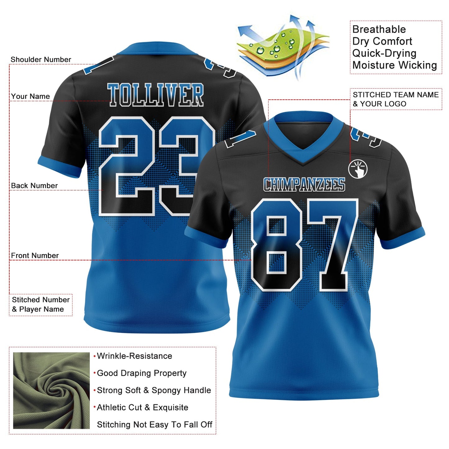 Custom Black Blue-White Mesh Authentic Gradient Square Shape Flag Football Jersey