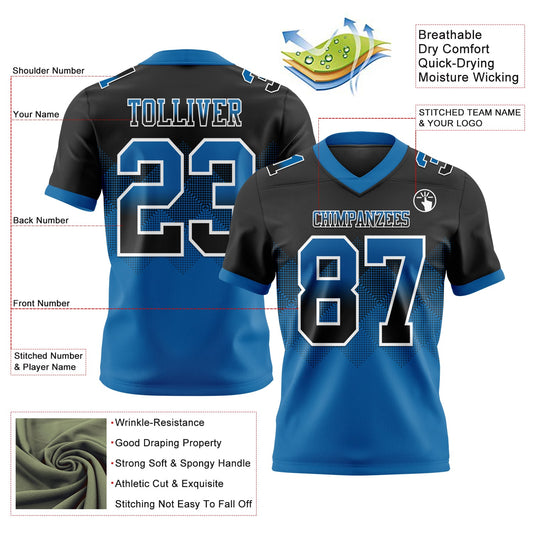 Custom Black Blue-White Mesh Authentic Gradient Square Shape Flag Football Jersey