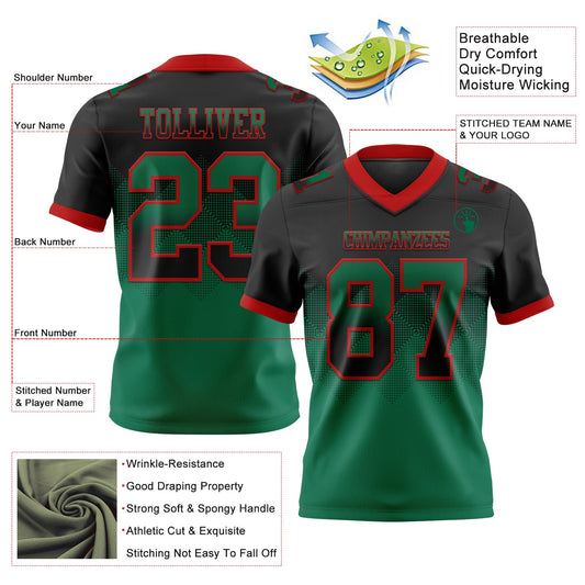 Custom Black Kelly Green-Red Mesh Authentic Gradient Square Shape Flag Football Jersey