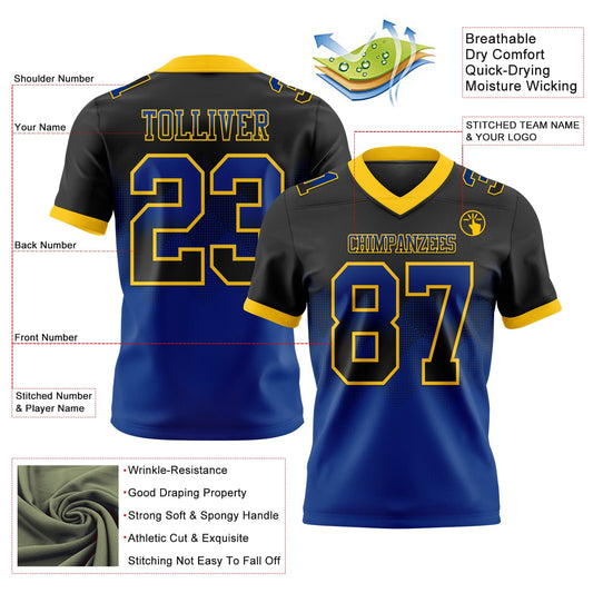Custom Black Royal-Yellow Mesh Authentic Gradient Square Shape Flag Football Jersey