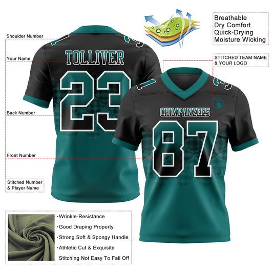 Custom Black Teal-White Mesh Authentic Gradient Square Shape Flag Football Jersey