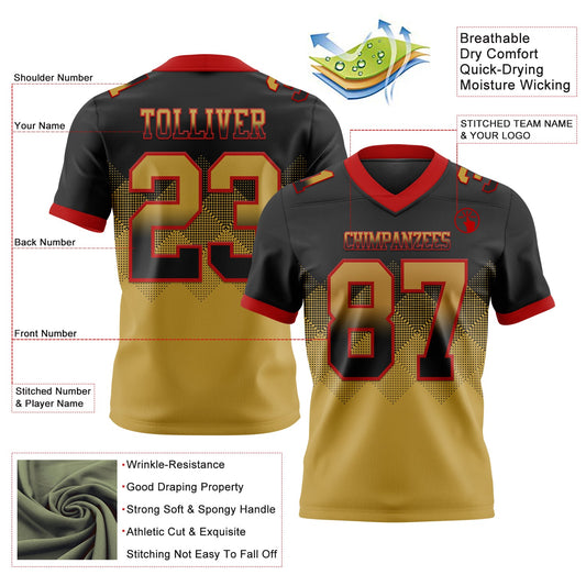 Custom Black Old Gold-Red Mesh Authentic Gradient Square Shape Flag Football Jersey