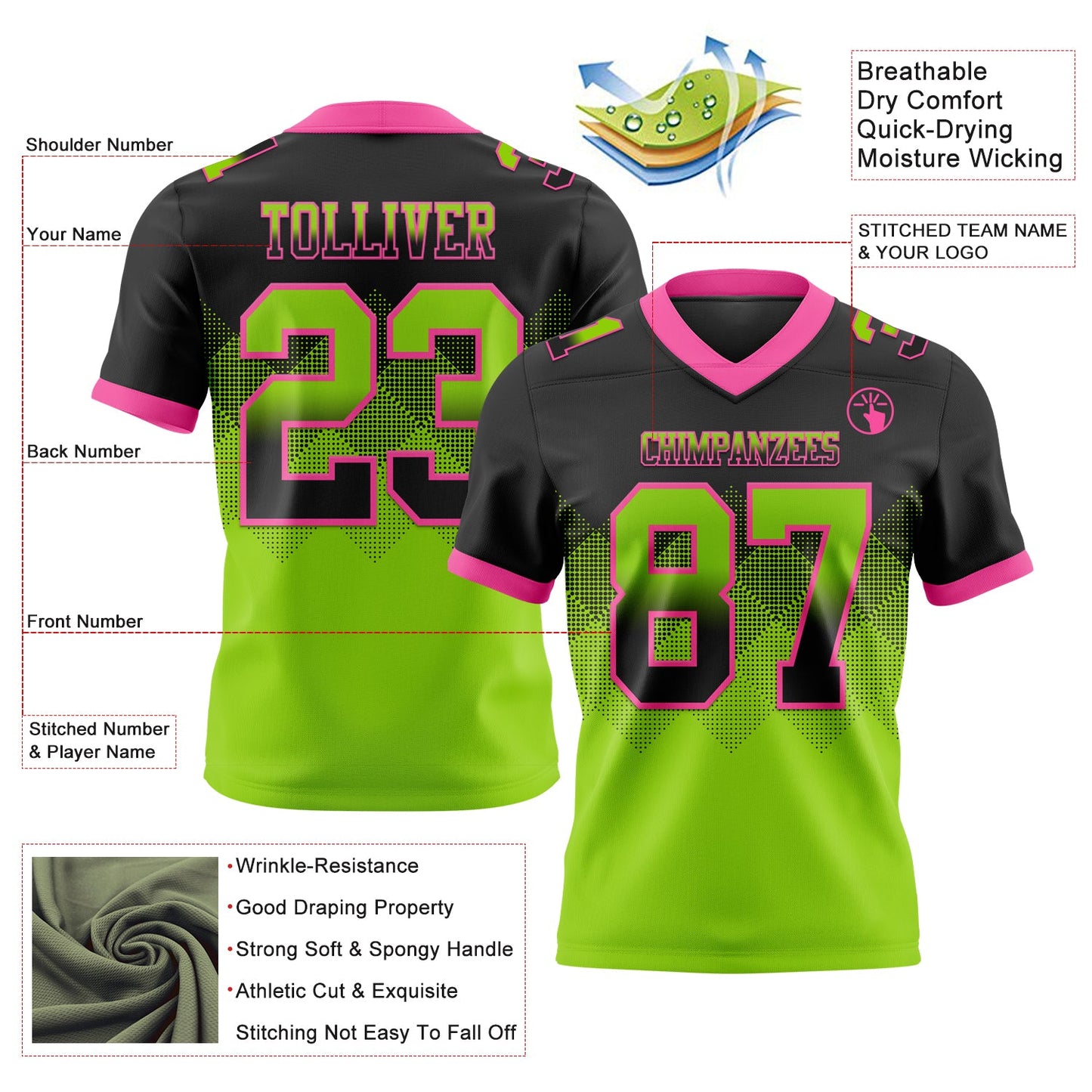 Custom Black Neon Green-Pink Mesh Authentic Gradient Square Shape Flag Football Jersey