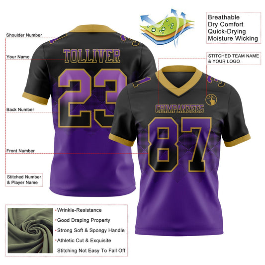 Custom Black Purple-Old Gold Mesh Authentic Gradient Square Shape Flag Football Jersey