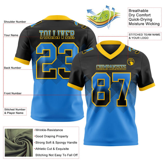 Custom Black Powder Blue-Yellow Mesh Authentic Gradient Square Shape Flag Football Jersey