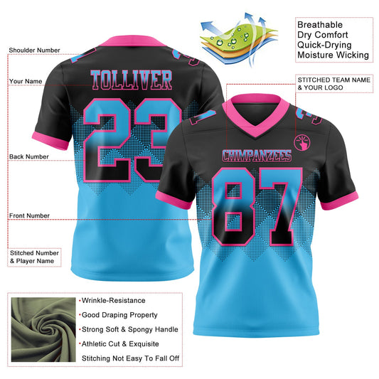 Custom Black Sky Blue-Pink Mesh Authentic Gradient Square Shape Flag Football Jersey
