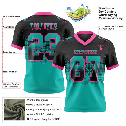 Custom Black Aqua-Pink Mesh Authentic Gradient Square Shape Flag Football Jersey