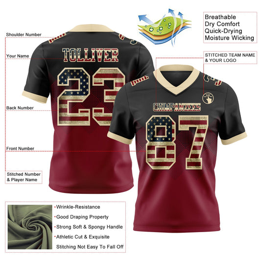 Custom Black Vintage USA Flag Crimson-Cream Mesh Authentic Gradient Square Shape Flag Football Jersey