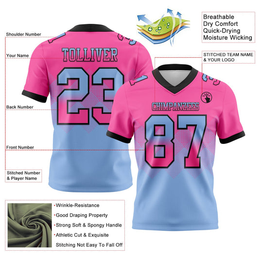 Custom Pink Light Blue-Black Mesh Authentic Gradient Square Shape Flag Football Jersey