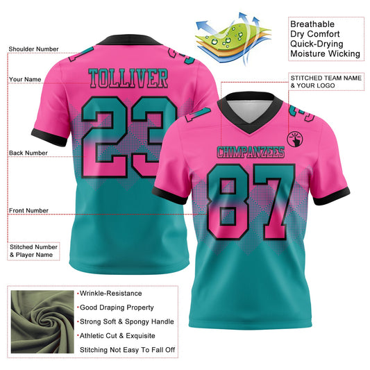 Custom Pink Teal-Black Mesh Authentic Gradient Square Shape Flag Football Jersey