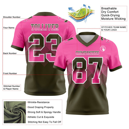 Custom Pink Olive-White Mesh Authentic Gradient Square Shape Flag Football Jersey