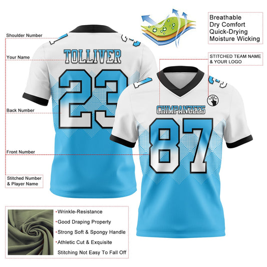 Custom White Sky Blue-Black Mesh Authentic Gradient Square Shape Flag Football Jersey