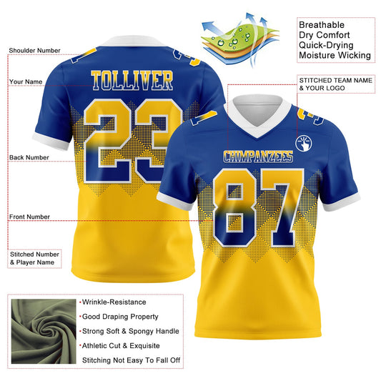 Custom Royal Yellow-White Mesh Authentic Gradient Square Shape Flag Football Jersey