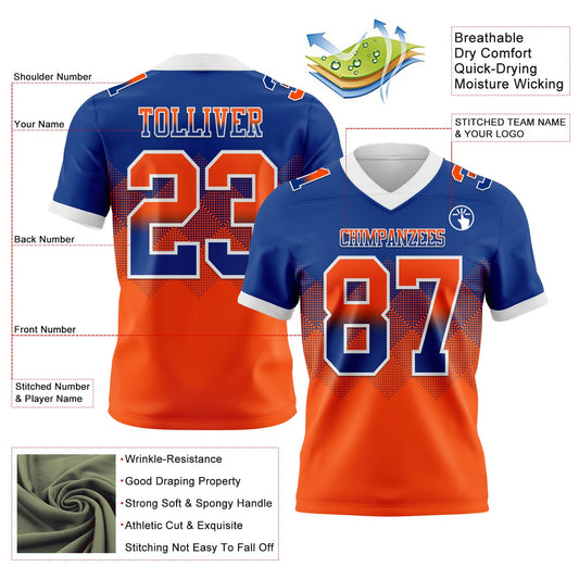 Custom Royal Orange-White Mesh Authentic Gradient Square Shape Flag Football Jersey