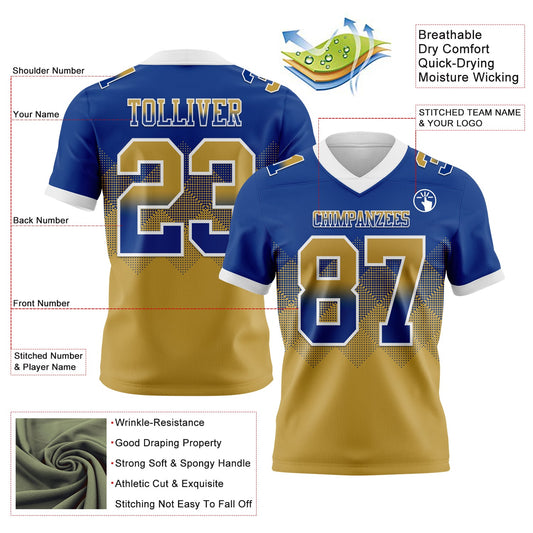 Custom Royal Old Gold-White Mesh Authentic Gradient Square Shape Flag Football Jersey