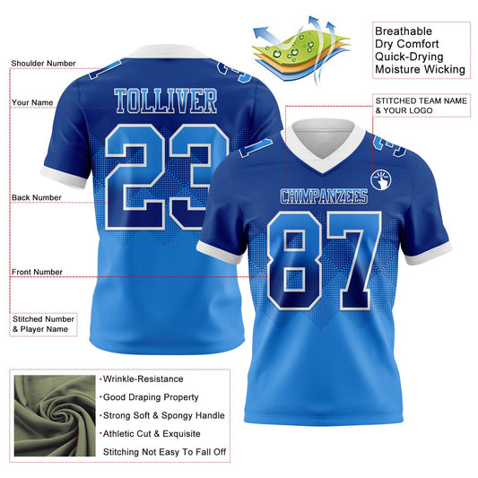 Custom Royal Powder Blue-White Mesh Authentic Gradient Square Shape Flag Football Jersey