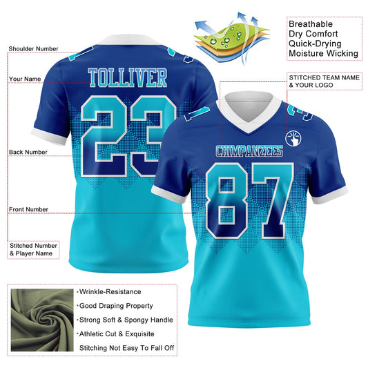 Custom Royal Lakes Blue-White Mesh Authentic Gradient Square Shape Flag Football Jersey