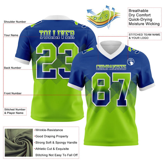 Custom Royal Neon Green-White Mesh Authentic Gradient Square Shape Flag Football Jersey