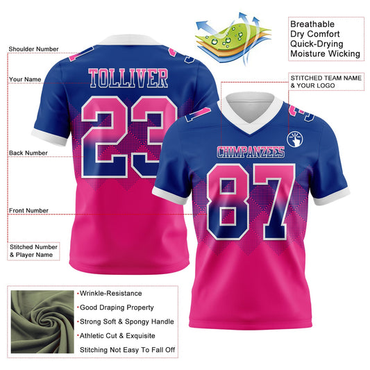 Custom Royal Hot Pink-White Mesh Authentic Gradient Square Shape Flag Football Jersey