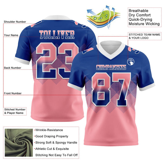 Custom Royal Medium Pink-White Mesh Authentic Gradient Square Shape Flag Football Jersey