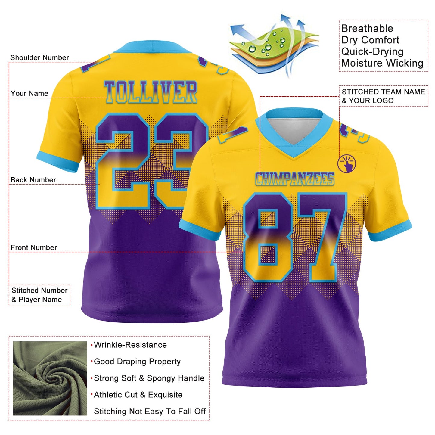 Custom Yellow Purple-Sky Blue Mesh Authentic Gradient Square Shape Flag Football Jersey