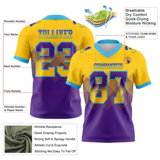 Custom Yellow Purple-Sky Blue Mesh Authentic Gradient Square Shape Flag Football Jersey